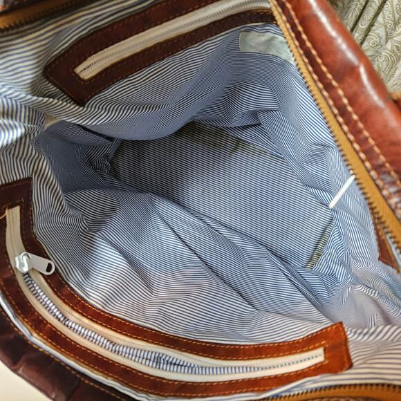 Noonday Collection Leather Zip Top Shoulder Bag Purse Cognac Brown Tote - Picture 10 of 16